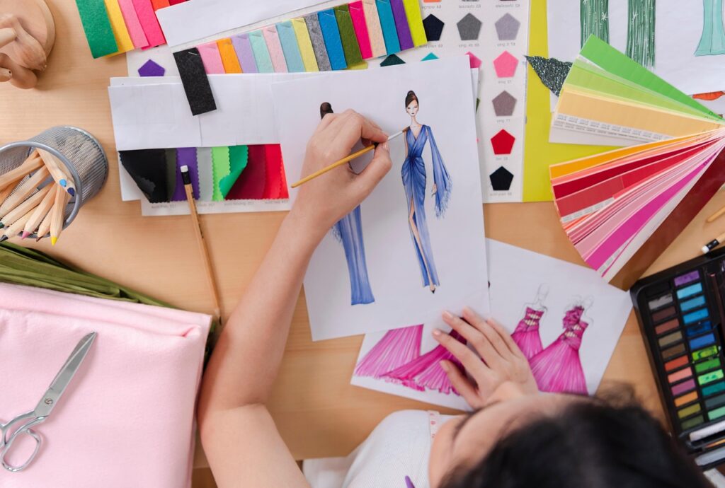 designer, fashion, studio, watercolor, sketch, clothes, collection, screen, art, creative, drawing, dressmaker, glamour, manufacturing, occupation, style, tailor, working, atelier, craftsman, female, girl, business, clothing