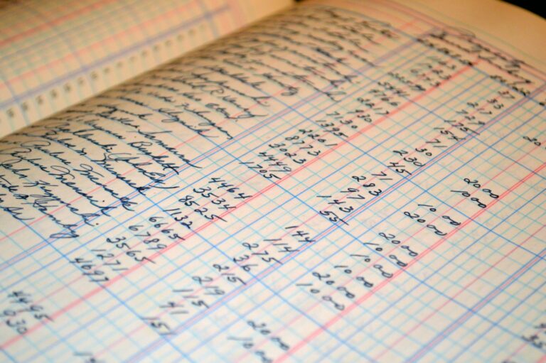 Bookkeeping, handwritten ledger detailing financial records and accounts.